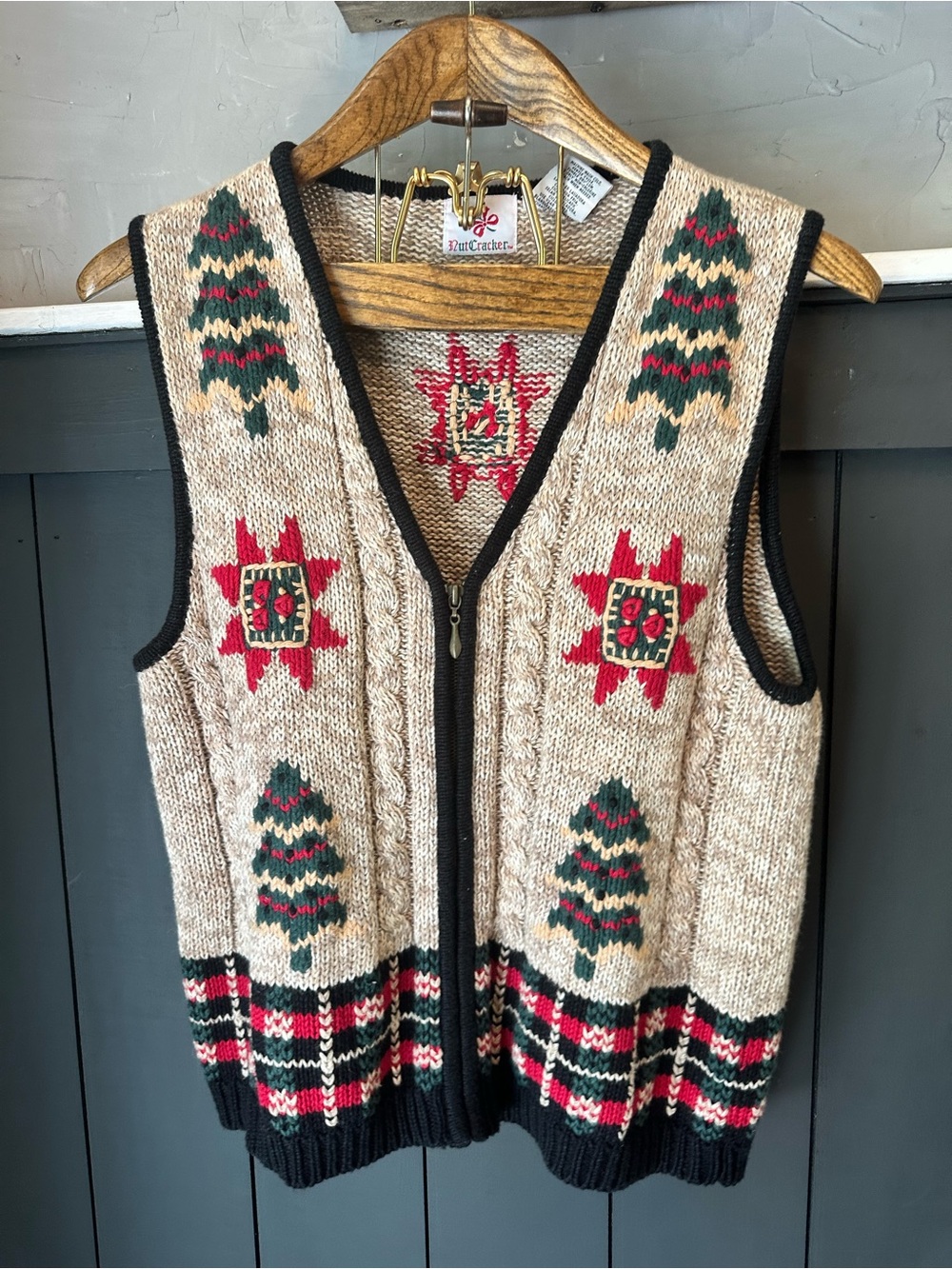 Vintage Nutcracker Christmas Tree Sweater Vest Beige Red Green Zip M